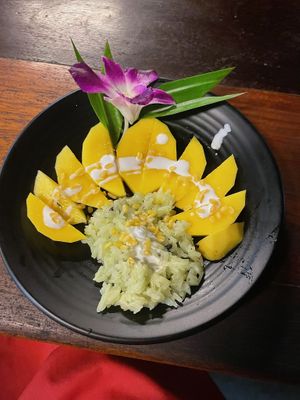 Mango sticky rice pandan  at Thai Farm Cooking School in Chiang Mai