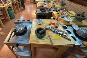 Individual cooking stations  at Thai Farm Cooking School in Chiang Mai