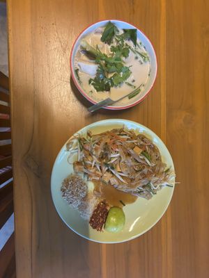 Tom Kha Soup and Pad Thai  at Thai Farm Cooking School in Chiang Mai