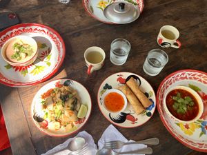 Soups, noodles and spring rolls + tea   at Thai Farm Cooking School in Chiang Mai