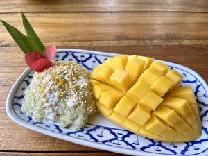Mango sticky rice (pandan)   at Thai Farm Cooking School in Chiang Mai