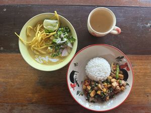 Khao soi (curry) and stir-fried tofu with holy basill  at Thai Farm Cooking School in Chiang Mai