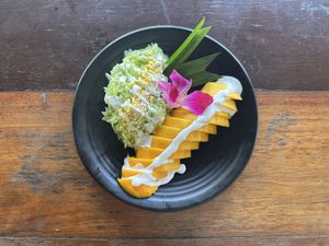 Mango with pandan sticky ricee  at Thai Farm Cooking School in Chiang Mai