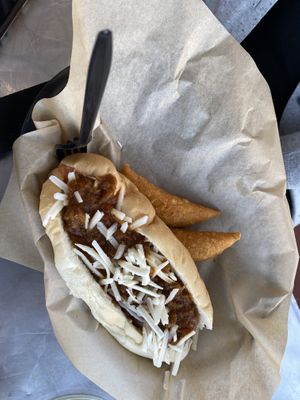 Vegan cowboy dog, vegan empanadas  at Simon's Hot Dogs in Scottsdale