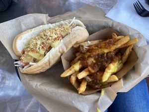 Vegan chili cheese fries and Colombian  at Simon's Hot Dogs in Scottsdale