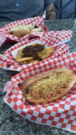 Vegan hotdogs and vegan chili cheese fries at Simon's Hot Dogs in Scottsdale
