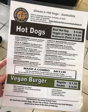 Menu at Simon's Hot Dogs in Scottsdale