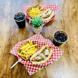 Cowboy style California dogs with cheeze fries at Simon's Hot Dogs in Scottsdale