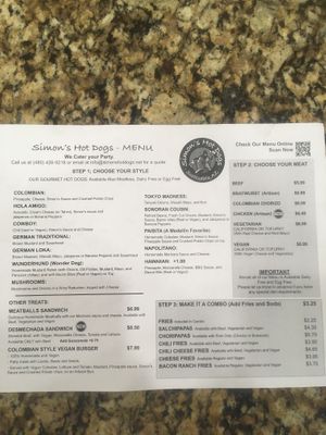 Menu at Simon's Hot Dogs in Scottsdale
