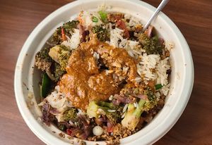 Golden Rice bowl with tofu (vegan) at Hopscotch Coffee in Bloomington