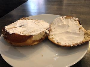 Pretzel bagel with Tofutti cream cheese! at Hopscotch Coffee in Bloomington