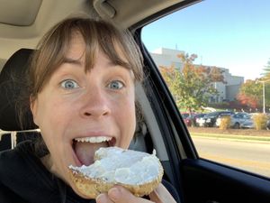Bagels with tofutti! My favorite breakfast that I can get with my favorite coffee at Hopscotch!! at Hopscotch Coffee in Bloomington