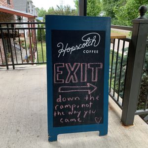 Social distancing instructions  at Hopscotch Coffee in Bloomington