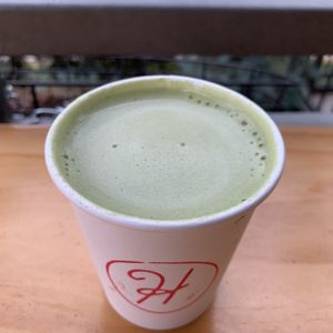 Matcha latte (with oat milk) at Hopscotch Coffee in Bloomington