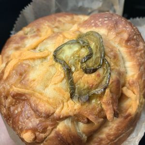 Jalapeño cheddar knot! Made by Rainbow Bakery and vegan! at Hopscotch Coffee in Bloomington