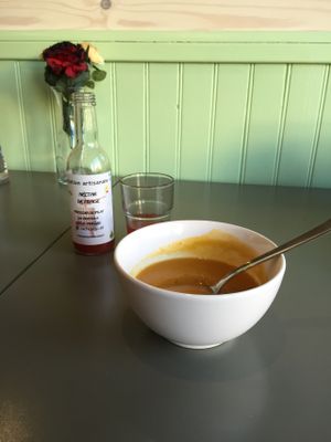 Sweet potato with peanut butter soup. at Against the Grain in Lyon