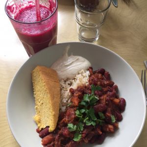 Chili/corn bread/cashew cream/rice at Against the Grain in Lyon