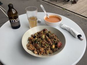 Quinoa salad, gazpacho soup and Charitea mate at Against the Grain in Lyon