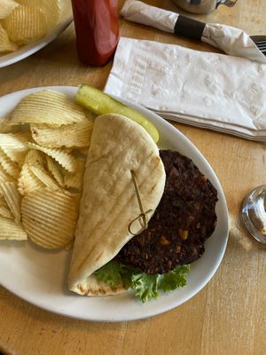 Veggie burger on pita bread  at Last Chance Antiques & Cheese Cafe in Tannersville