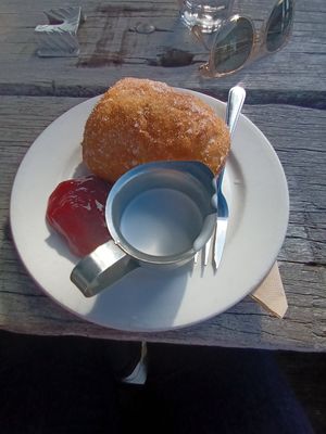 Donut with jam and coconut cream/yoghurt at Bach on Breakwater in New Plymouth