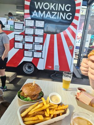 Smoked fries with caesar sauce, burger at Woking Amazing in Northcote