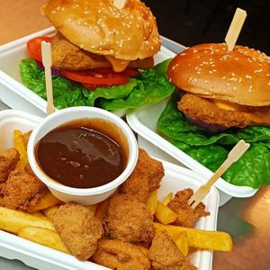 Munch Box of Popcorn Chickn and Smokey Fries with Southern Fried Chickn Burgers, at Woking Amazing in Northcote