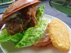 Kiev Burger w/hash brown at Woking Amazing in Northcote