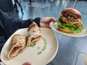 Eggy Bacon Roll and Tempura Mushroom Burger at Woking Amazing in Northcote