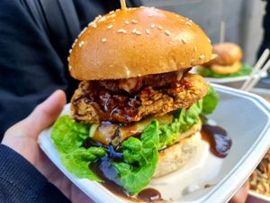 British Roast Lunch Chicken Burger - crispy soythern fried ch, stuffing, roast taters and sauce made a perfect combo. at Woking Amazing in Northcote