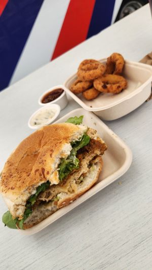 Kyiy Southern fried chicken burger with onion rings and truffle mayo at Woking Amazing in Northcote