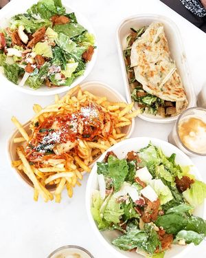 Caesar:  Crispy Chickn, Bacn, Parmesan, Bagel Chips, Cos & Caesar Dressing. 
Peking Duck: Duck, Hoisin & Plum Sauce, Cucumber, Spring Onion Pancake.
Kimchi Parmesan Loaded Fries.
 at Woking Amazing in Northcote