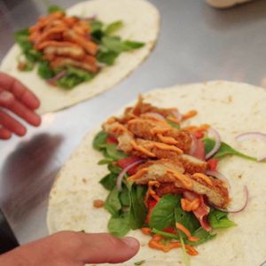 Chickkn Zinger Wrap with Crispy Chickn, Korean Mayo and salad at Woking Amazing in Northcote