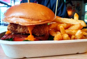 Zinger chicken burger with chips at Woking Amazing in Northcote