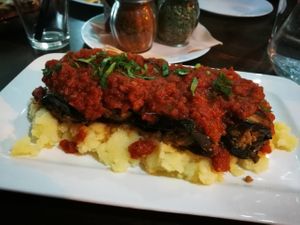 Mussaca (eggplants filled with "meat") with mashed potatoes at Ayana in Petach Tikva