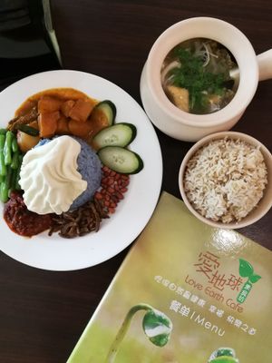 Nasi Lemak. Note the curry is not vegan as they mock meat has eggs in them. They gave us potatoes instead but after I finished my meal I found out they didn't cook the potatoes separately. I guess my chat with them got lost in translation... Perhaps I can ask for more vegetables next time or ask to cook one separately  at Love Earth Cafe in Kepong