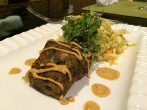 Vital Bay "Crab" Cakes, Fresno Chili Coleslaw, Smoked Chipotle Chili Taco Sauce at Liquid Light Cafe in Jackson