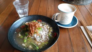 Miso soba noodle soup + chai with oat at Wide Open Road in Brunswick