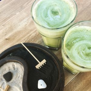 Matcha latte- made with homemade almond milk at OWL Organic Market in San Pedro De Alcantara