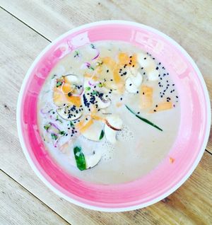 Miso soup with marinated shitakee  at OWL Organic Market in San Pedro De Alcantara