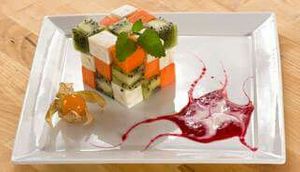 Creative dessert, the Rubics cube. 100% vegan at Green Village in Oslo