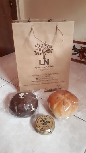 Natural deo (lemon scent), pumpkin bun and chocolate bun at LN Fortunate Coffee - Jogja in Yogyakarta