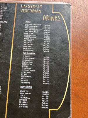 Drink options  at Lusidus in Yogyakarta