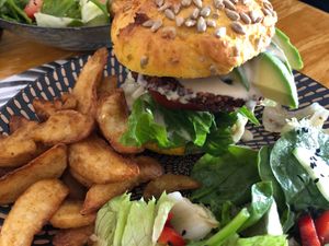 Burger w wedges at Diggers Vegie Kitchen in Anglesea