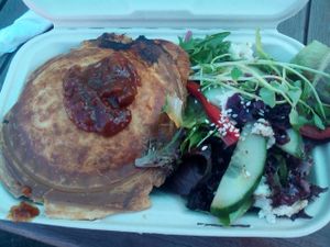 Indian veggie curry pie with a chutney, side salad with delicious nut cheese. at Diggers Vegie Kitchen in Anglesea