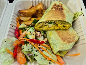 Scrambled tofu wrap w/cherry tomatoes, spinach, cashew cheeze, mango chutney $26.00: fresh and tasty at Diggers Vegie Kitchen in Anglesea