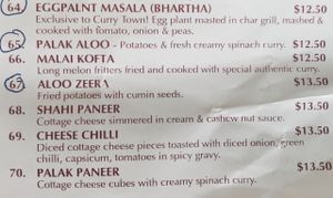 Vegetable delights with gravy menu ( Vegan/vegan options available circled) at Curry Town in Carrum Downs