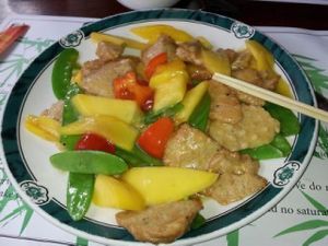 mock chicken and fresh ripe mango - DELICIOUS! at Veggie Heaven in Montclair