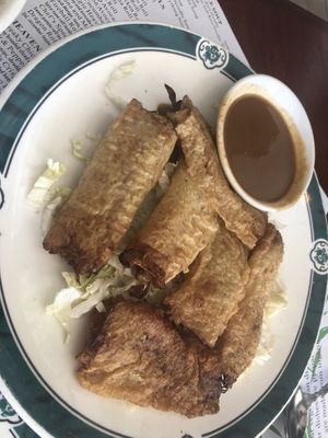 12. Shred heaven- tofu skin wrapped with shredded snow peas, bean sprouts, carrots and black mushroom pan fried with peanut sauce on the side   at Veggie Heaven in Montclair