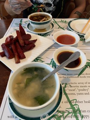 “Pork” appetizer and soups   at Veggie Heaven in Montclair