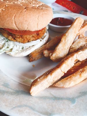 BEAN BURGER WITH SWEET POTATO FRIES at Veggie Heaven in Montclair